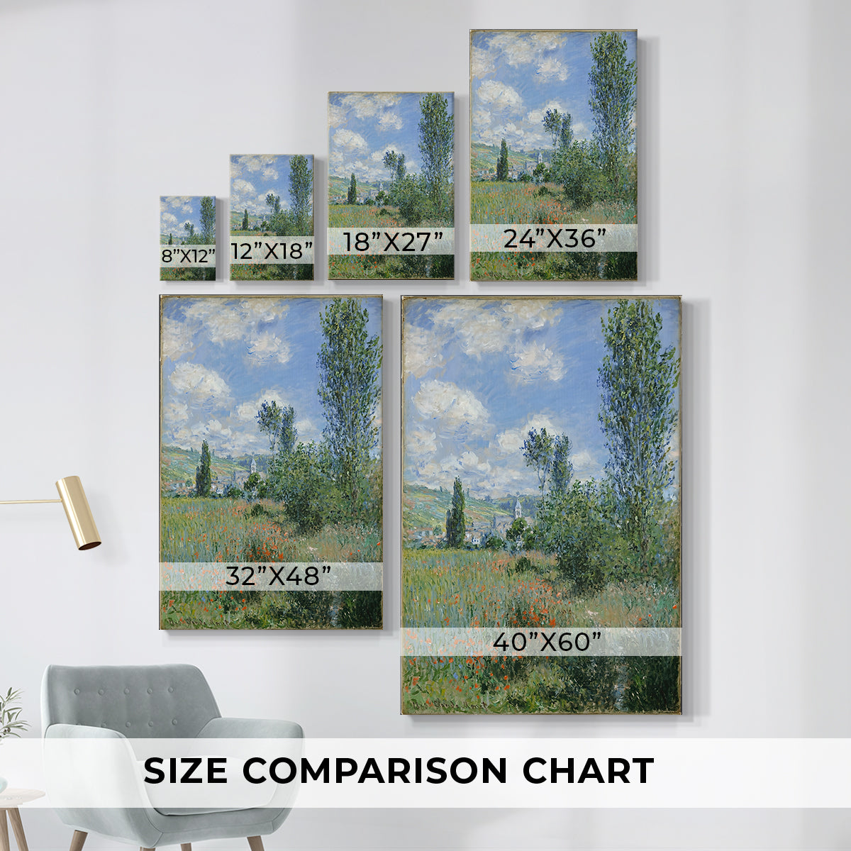Size comparison chart for canvas art prints, showing multiple size options.