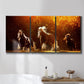 Three-panel canvas wall art featuring running horses across open field, displayed in a bathroom above a bathtub.