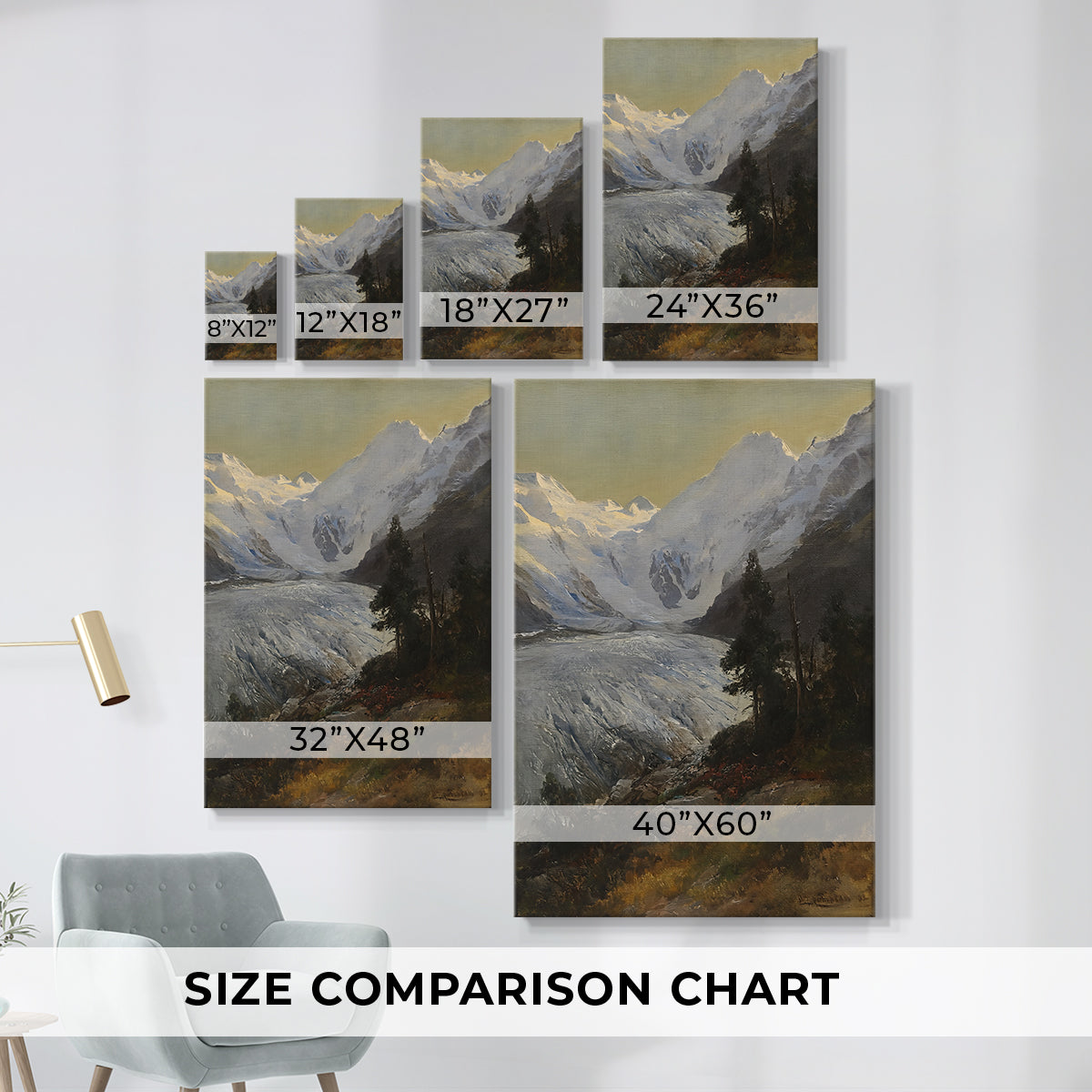 Size comparison chart for canvas art prints, showing multiple size options.