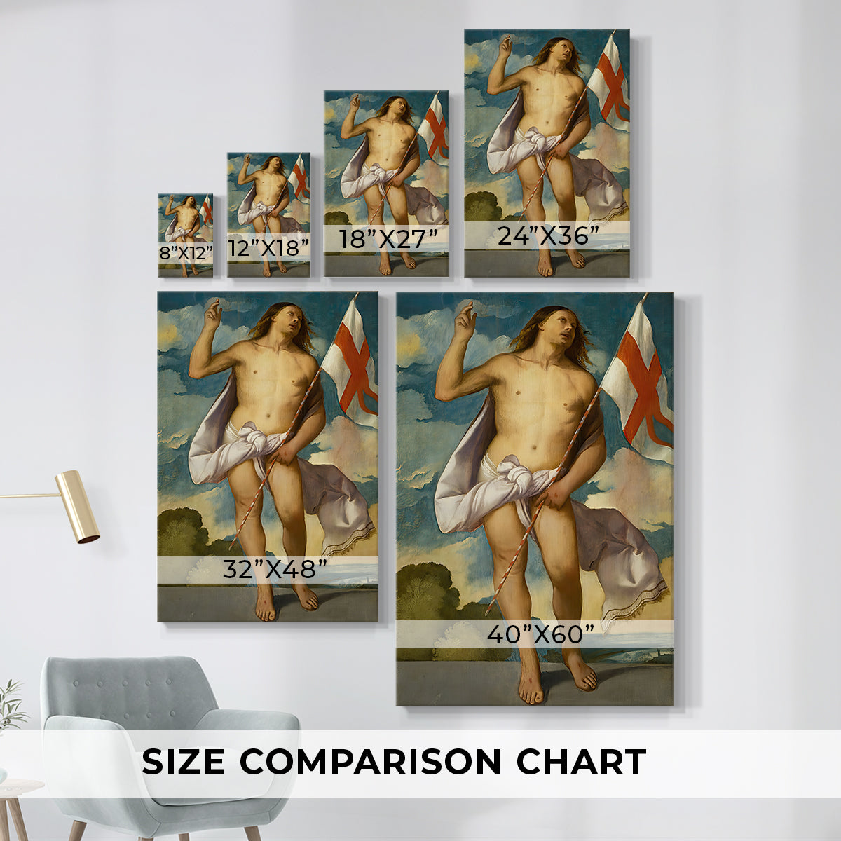 Size comparison chart for canvas art prints, showing multiple size options.