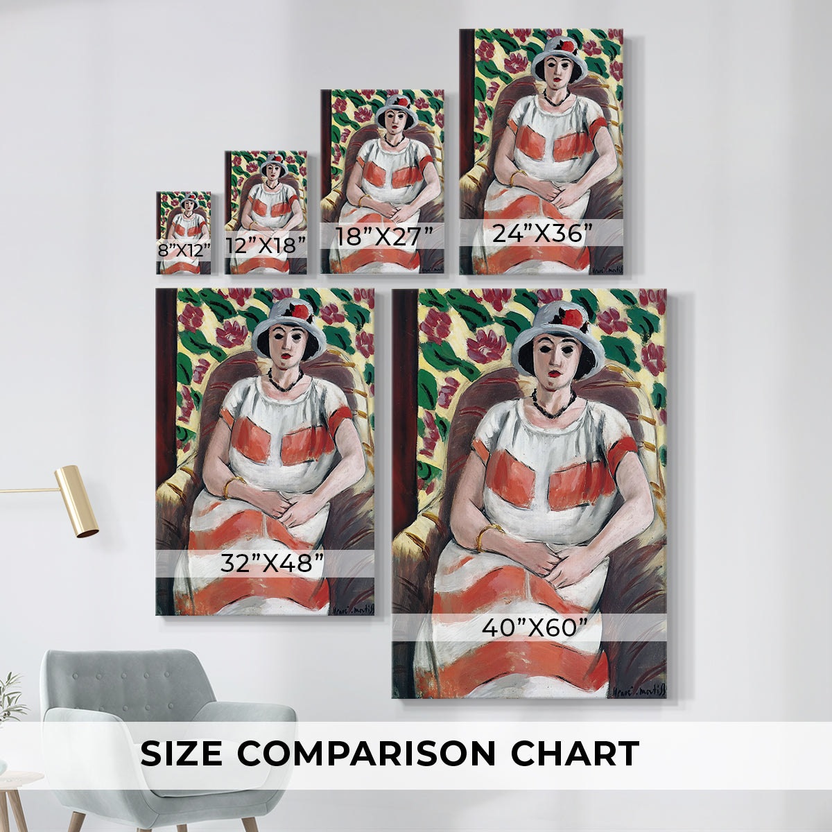 Size comparison chart for canvas art prints, showing multiple size options.