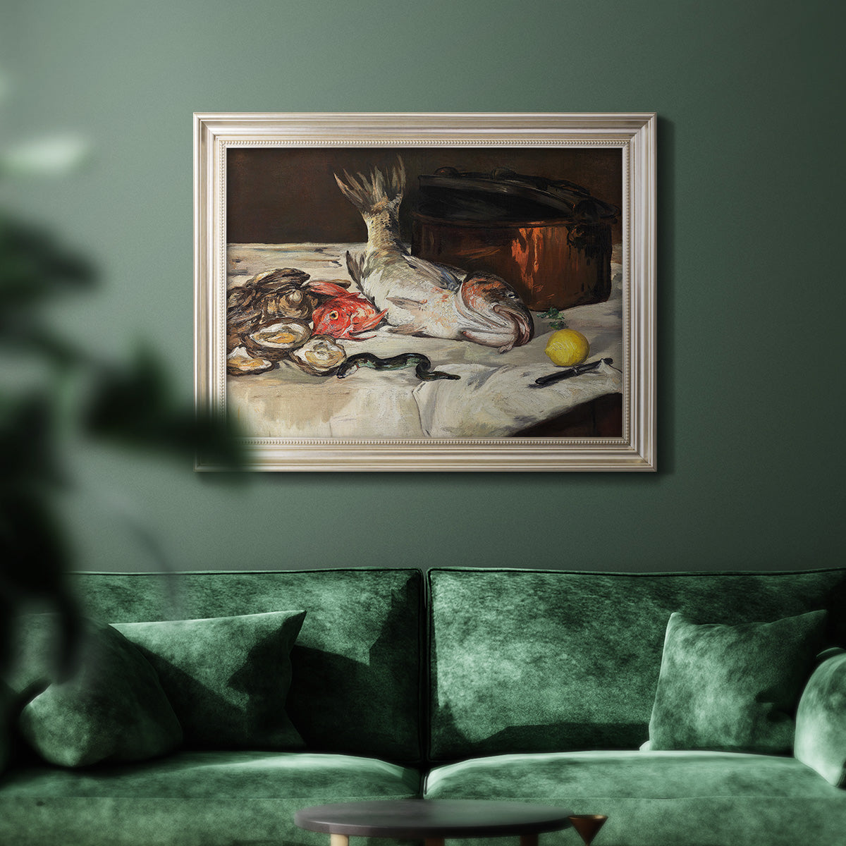Impressionist still life painting of fish by Édouard Manet in an ornate champagne frame displayed in a dark-toned interior setting.