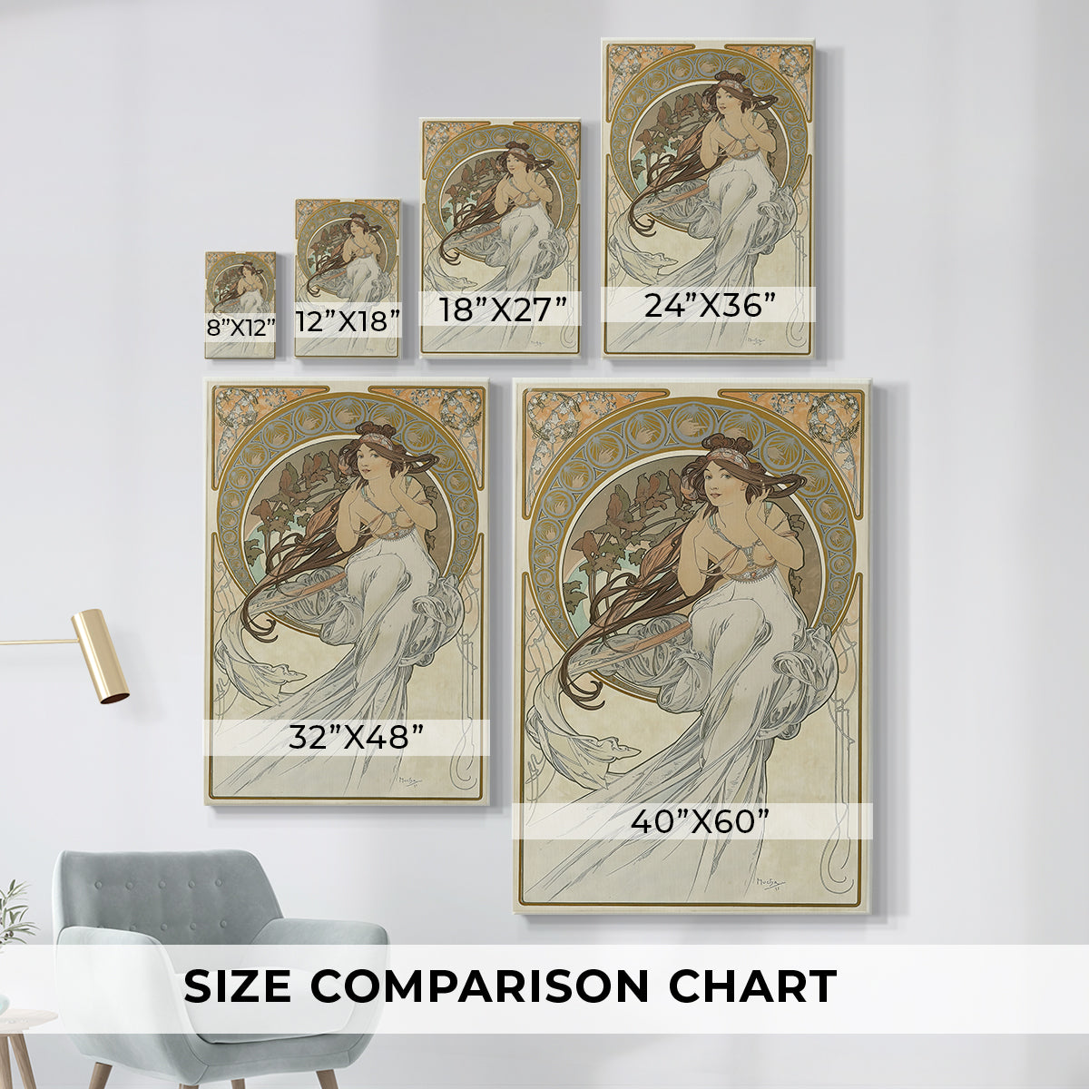 Size comparison chart for canvas art prints, showing multiple size options.