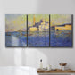 Three-panel canvas wall art featuring layered modern abstract color ribbons, displayed in a bathroom above a bathtub.