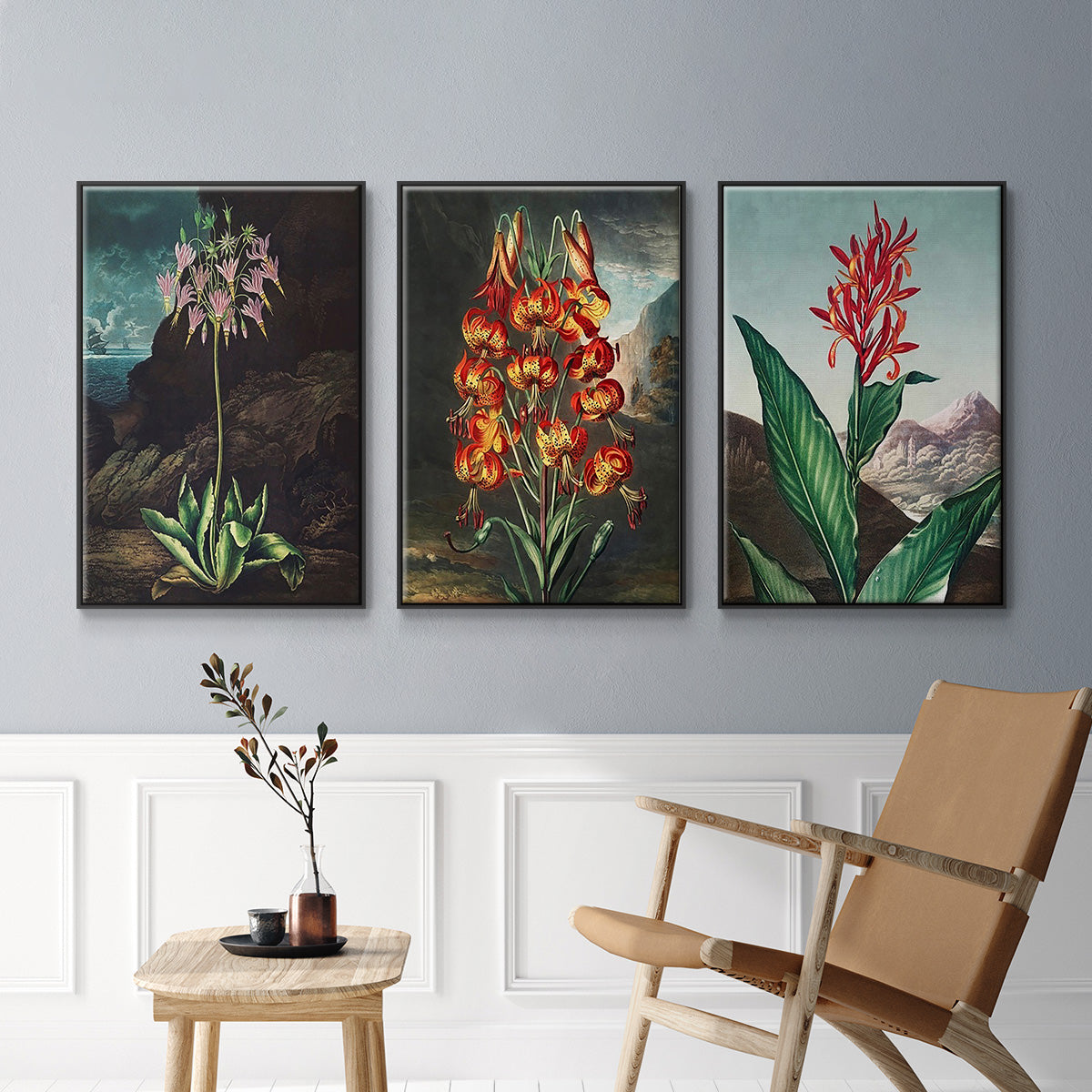 Temple of Flora I - Framed Premium Gallery Wrapped Canvas L Frame 3 Piece Set - Ready to Hang