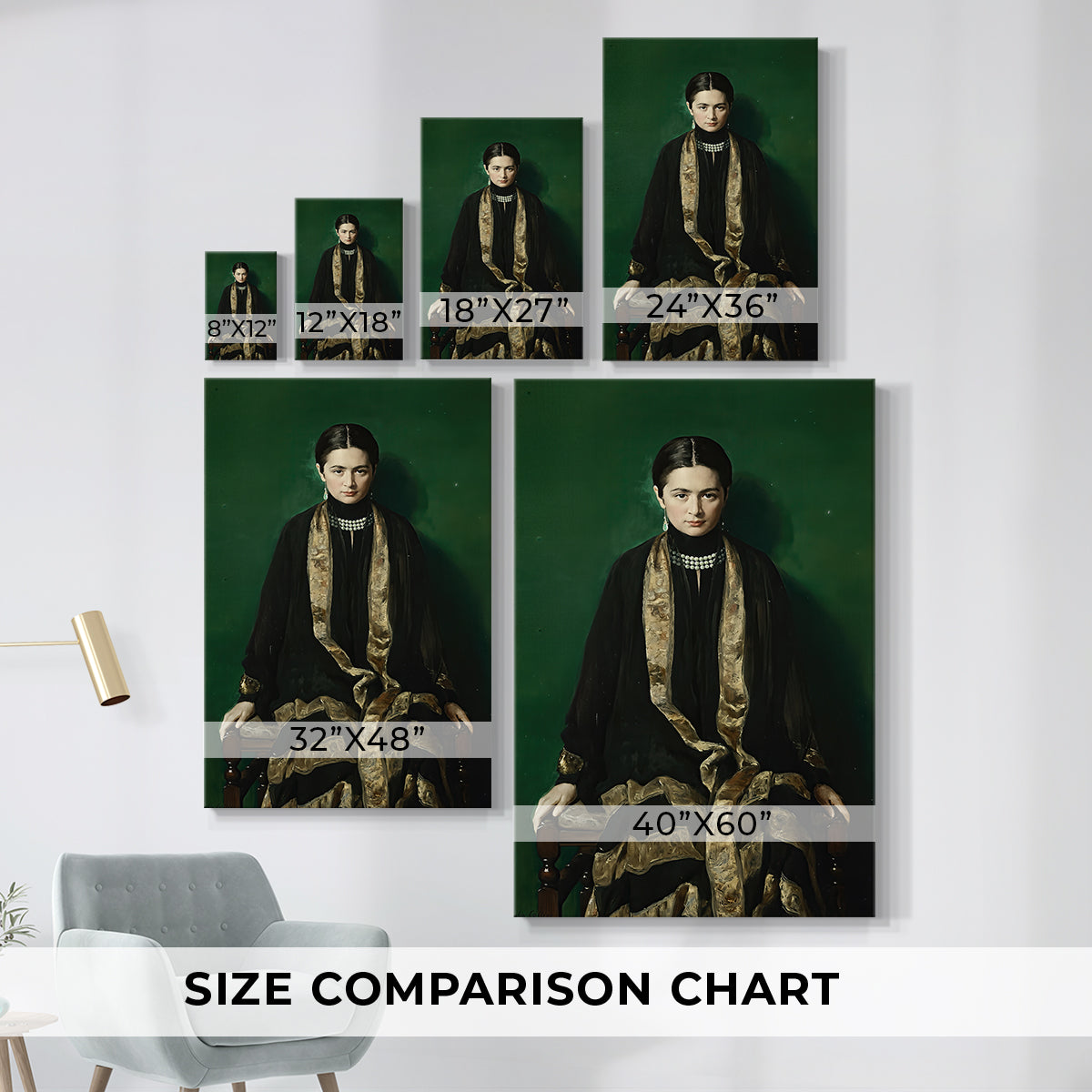 Size comparison chart for canvas art prints, showing multiple size options.