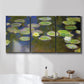 Three-panel canvas wall art featuring yellow and white water lilies, displayed in a bathroom above a bathtub.