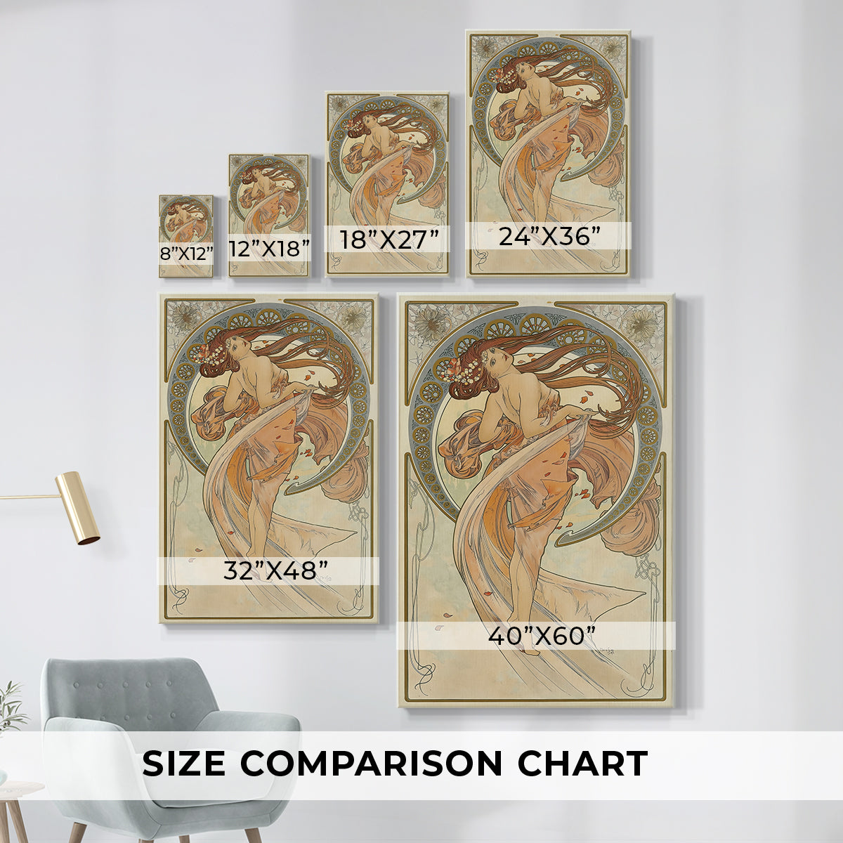 Size comparison chart for canvas art prints, showing multiple size options.
