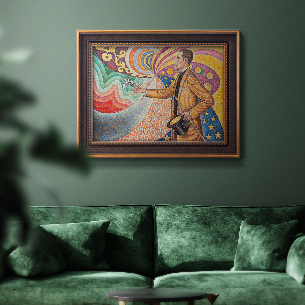 Neo-impressionist abstract portrait by Paul Signac in an ornate bronzed mahogany wood frame displayed in a dark-toned interior setting.