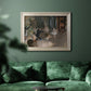 Impressionist backstage ballet scene by Edgar Degas in an ornate champagne frame displayed in a dark-toned interior setting.