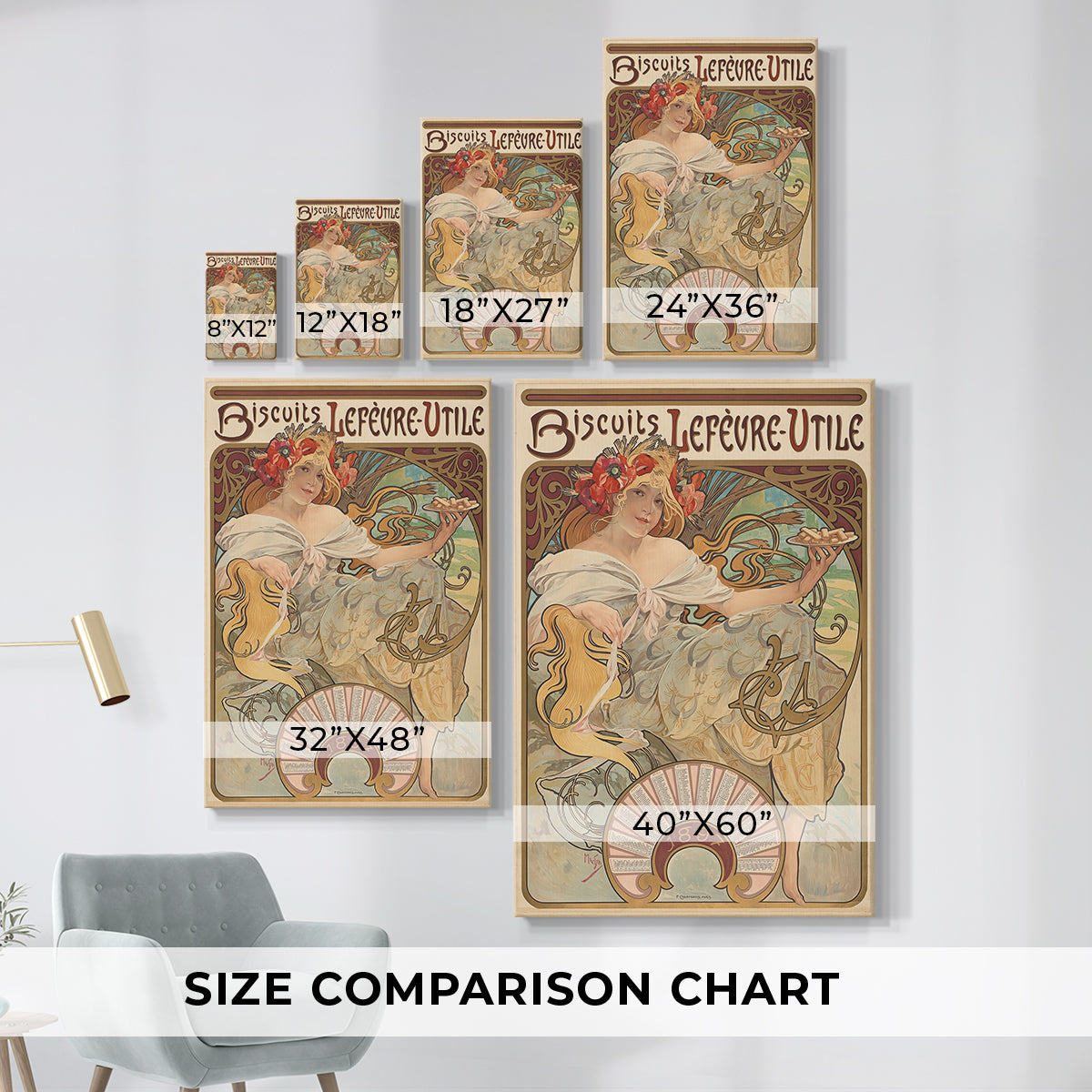 Size comparison chart for canvas art prints, showing multiple size options.