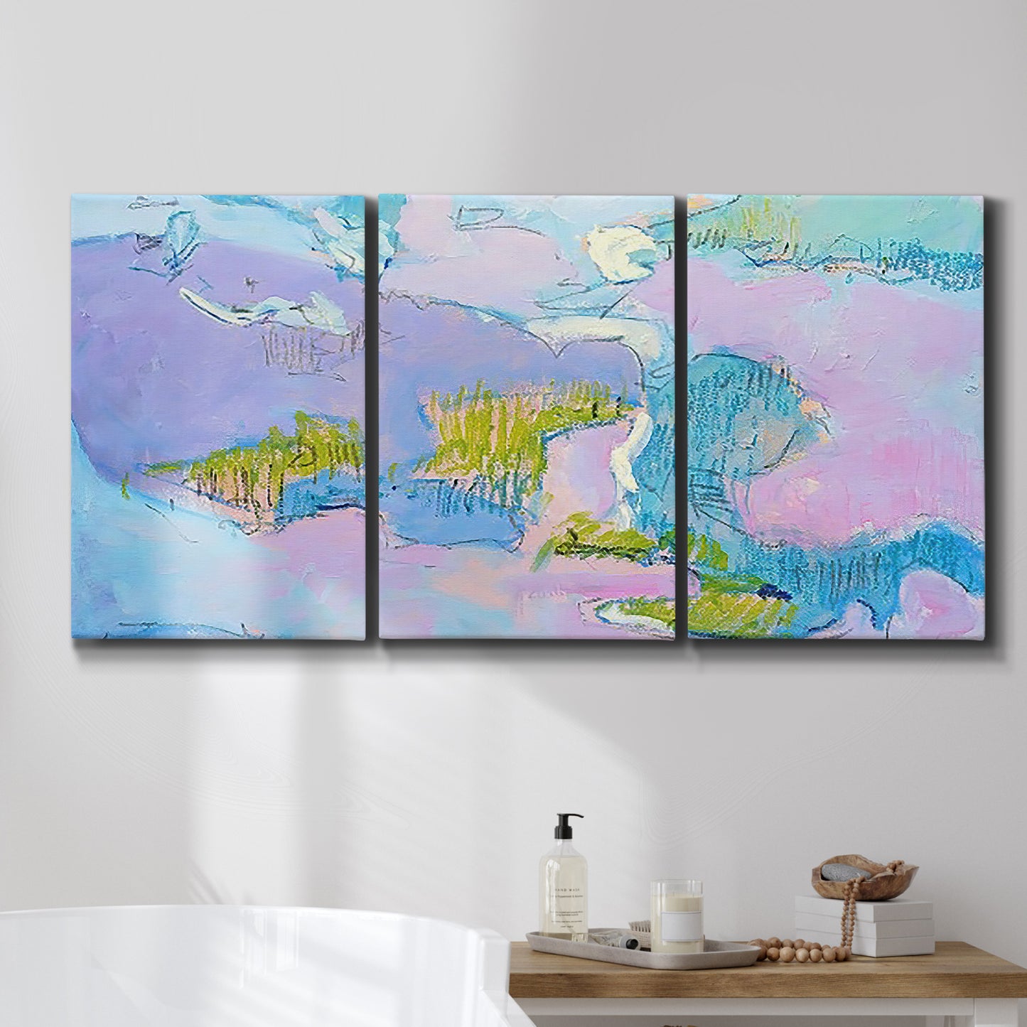 Three-panel canvas wall art featuring abstract view through window forms, displayed in a bathroom above a bathtub.