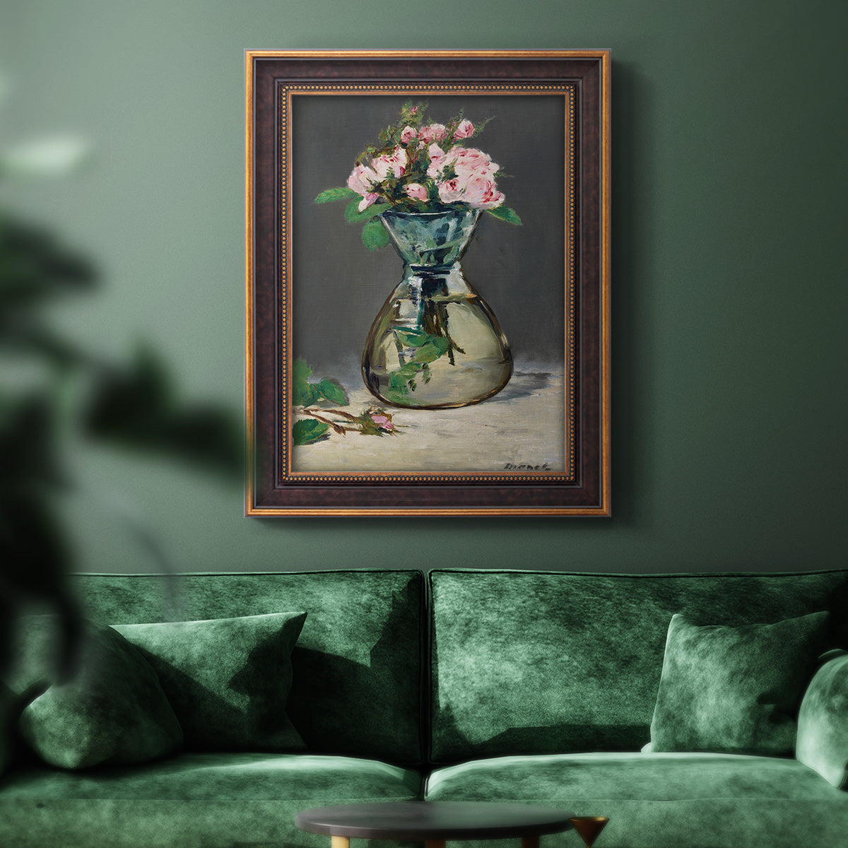 Moss Roses in a Vase - Ornate Framed Canvas Print