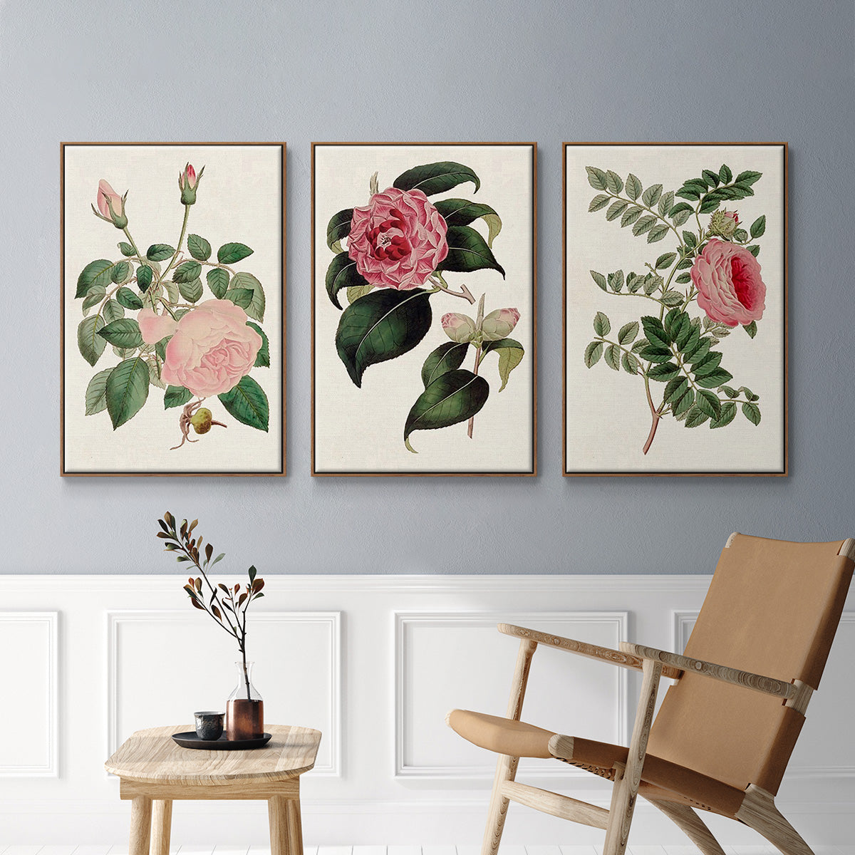 Pink Floral Mix I - Framed Premium Gallery Wrapped Canvas L Frame 3 Piece Set - Ready to Hang