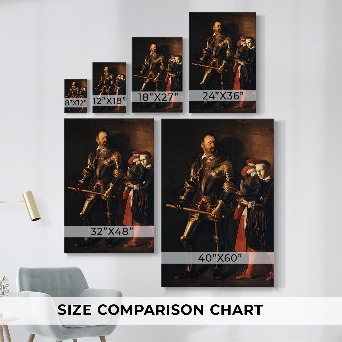 Size comparison chart for canvas art prints, showing multiple size options.