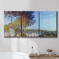 Three-panel canvas wall art featuring autumn poplar trees along river, displayed in a bathroom above a bathtub.