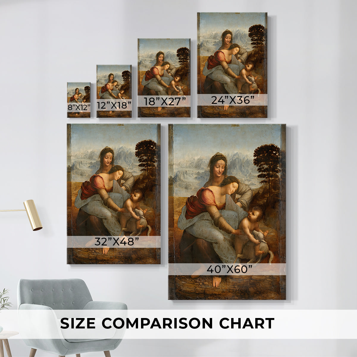 Size comparison chart for canvas art prints, showing multiple size options.