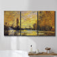 Three-panel canvas wall art featuring quiet river branch landscape, displayed in a bathroom above a bathtub.