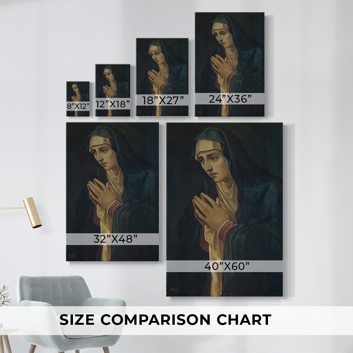 Size comparison chart for canvas art prints, showing multiple size options.