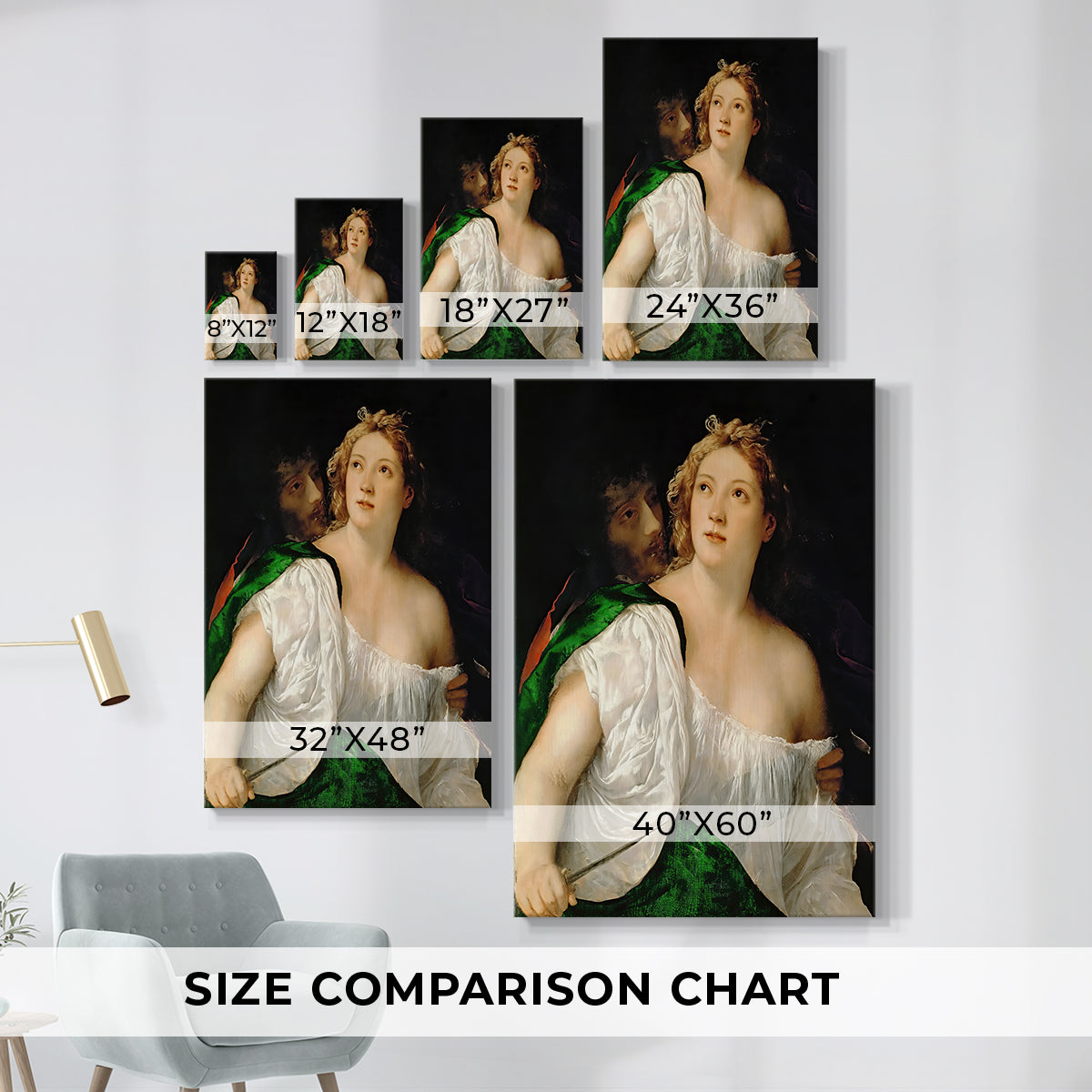 Size comparison chart for canvas art prints, showing multiple size options.