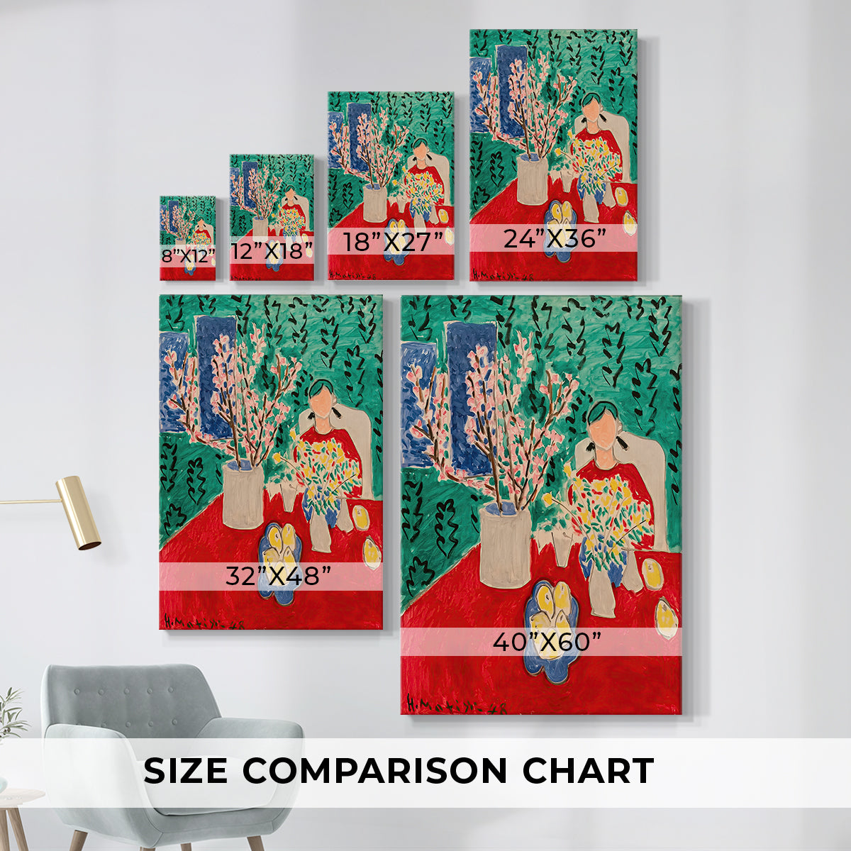 Size comparison chart for canvas art prints, showing multiple size options.