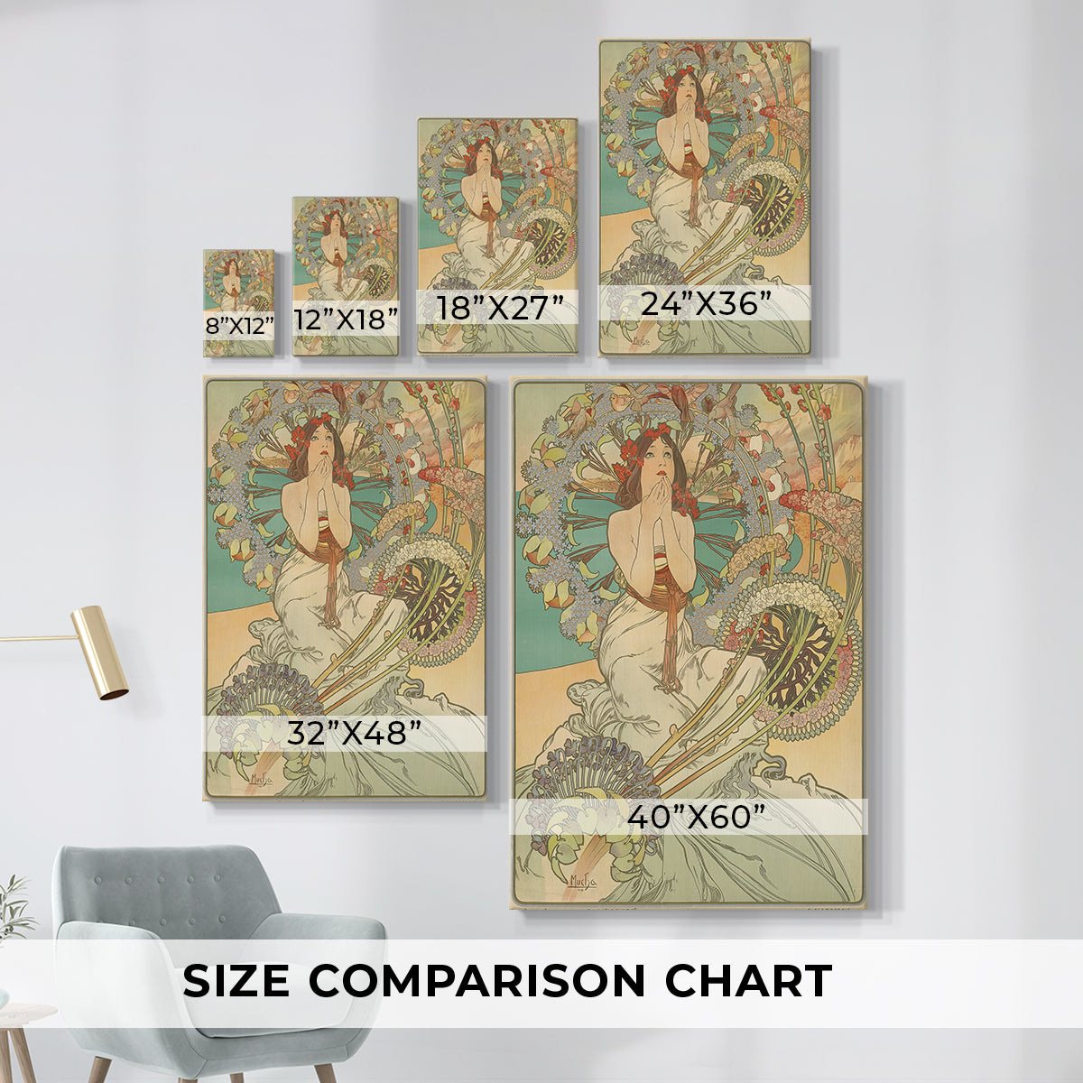 Size comparison chart for canvas art prints, showing multiple size options.