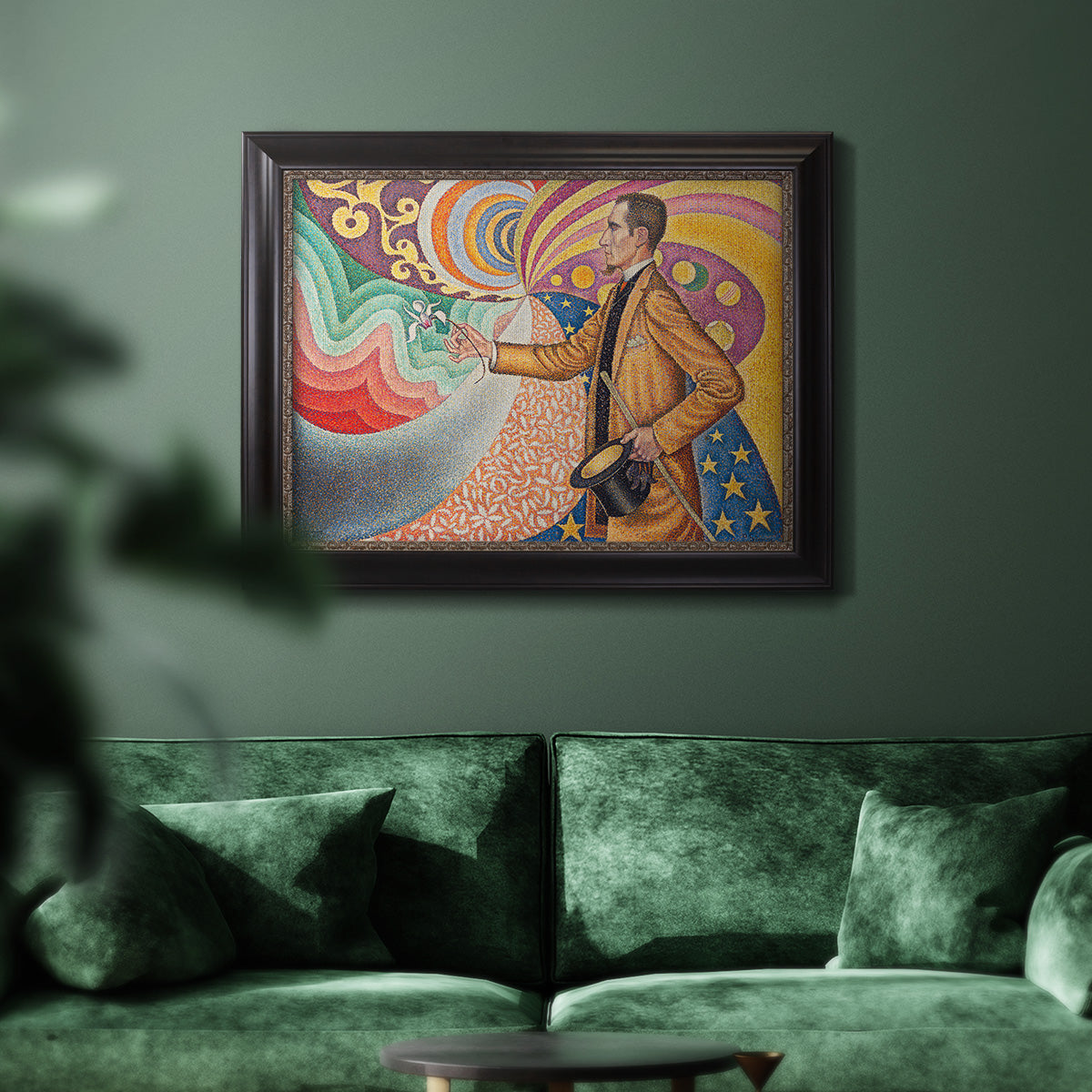Neo-impressionist abstract portrait by Paul Signac in an ornate black frame with gilded inner detail displayed in a dark-toned interior setting.