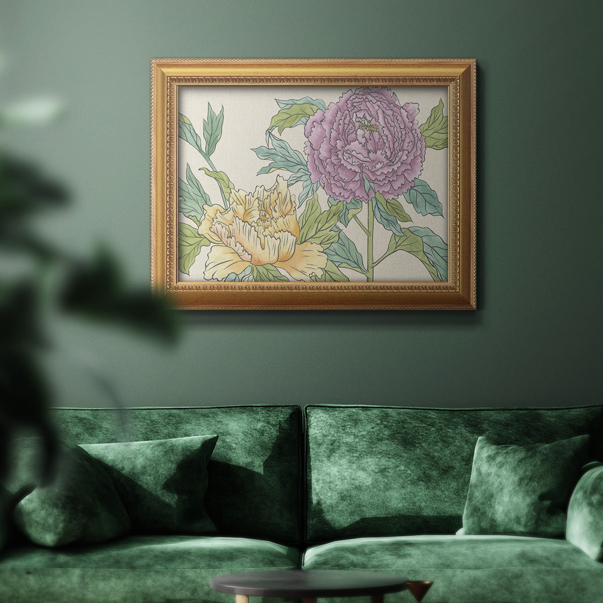Contemporary peony flower illustration in an ornate antique gold frame displayed in a dark-toned interior setting.