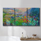 Three-panel canvas wall art featuring embracing landscape with warm tones, displayed in a bathroom above a bathtub.