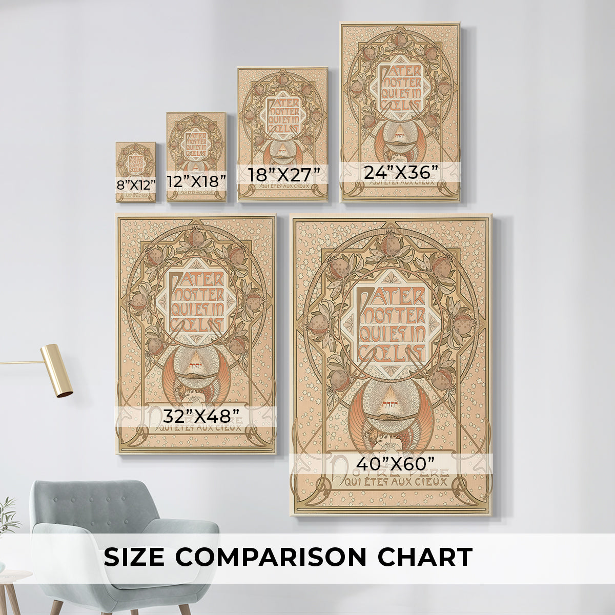 Size comparison chart for canvas art prints, showing multiple size options.