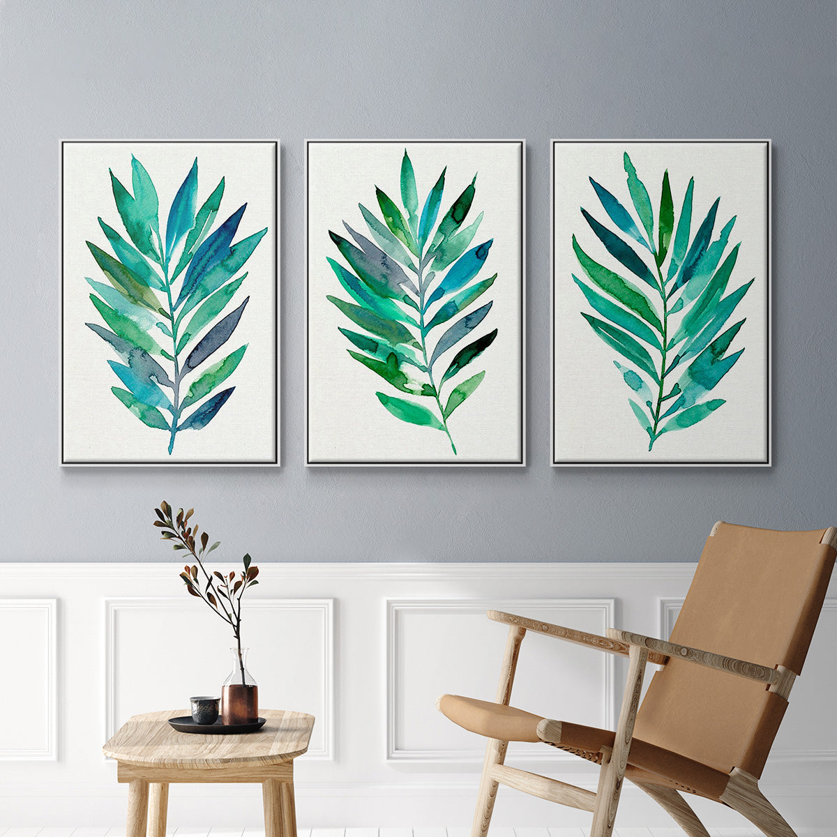 Palm Frond Flow I - Framed Premium Gallery Wrapped Canvas L Frame 3 Piece Set - Ready to Hang