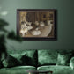 Impressionist ballet rehearsal scene by Edgar Degas in an ornate black frame with gilded inner detail displayed in a dark-toned interior setting.