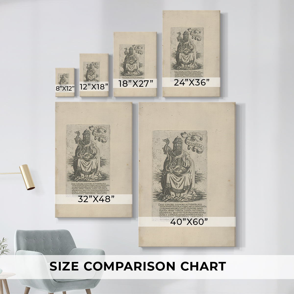 Size comparison chart for canvas art prints, showing multiple size options.