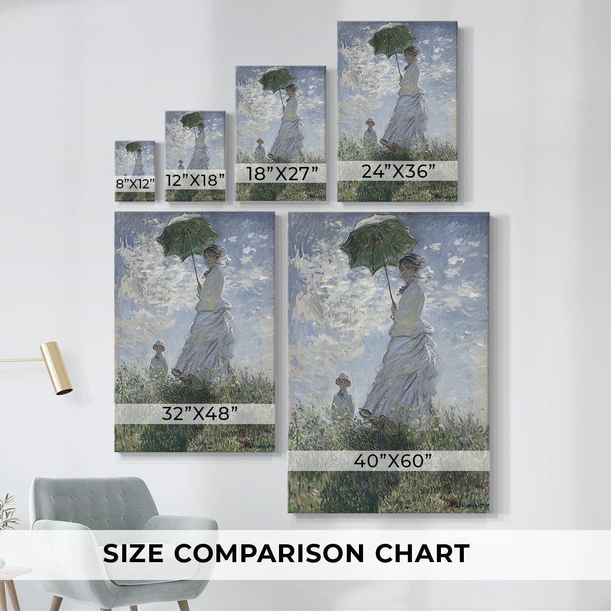 Size comparison chart for canvas art prints, showing multiple size options.
