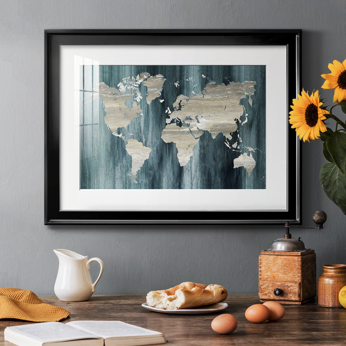 Navy World Map - Modern Framed Art Print