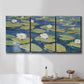 Three-panel canvas wall art featuring water lilies floating on pond, displayed in a bathroom above a bathtub.