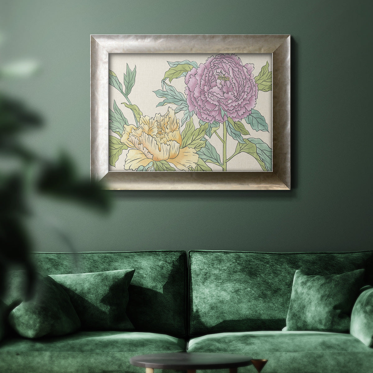 Contemporary peony flower illustration in an ornate mottled silver frame displayed in a dark-toned interior setting.