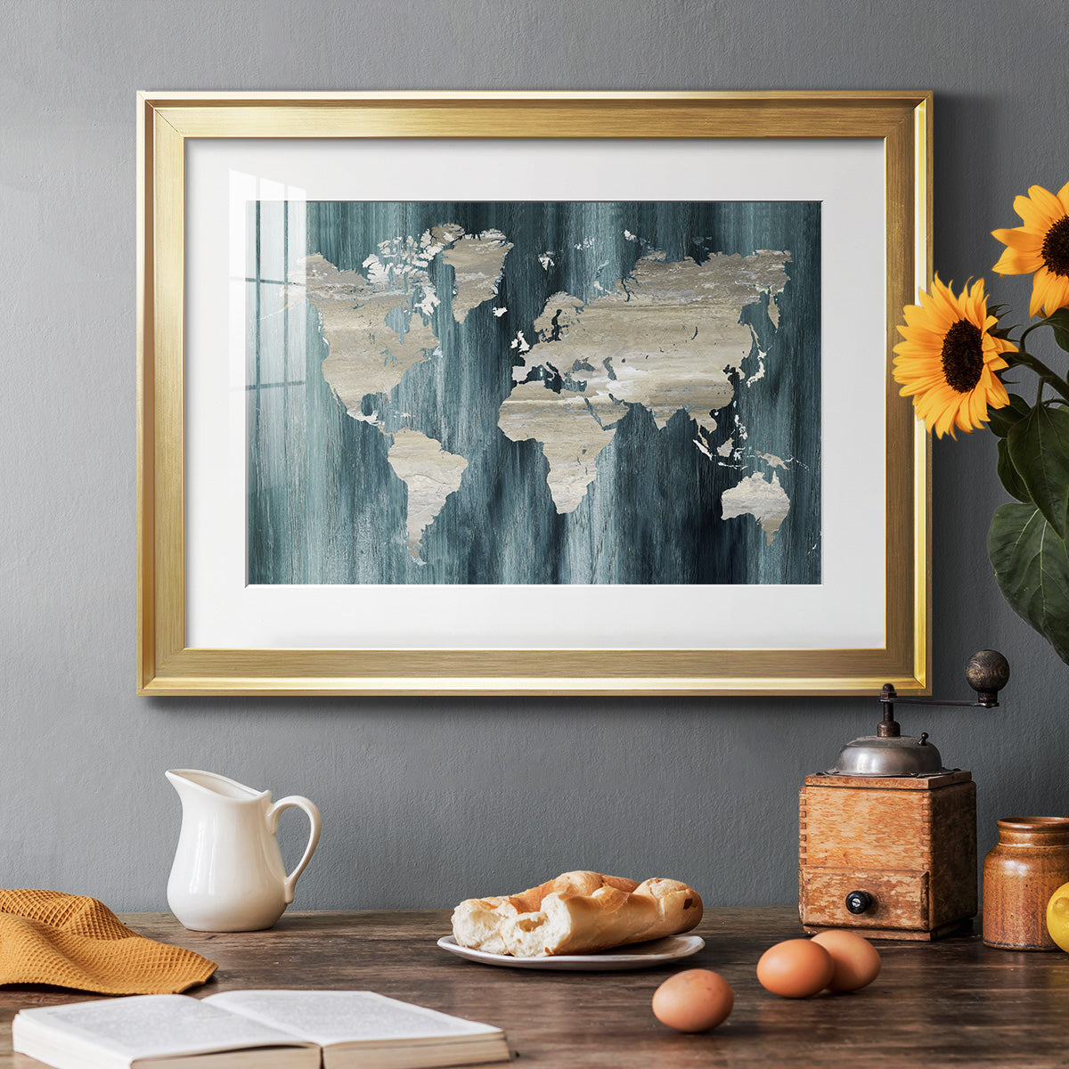 Navy World Map Premium Framed Print - Ready to Hang