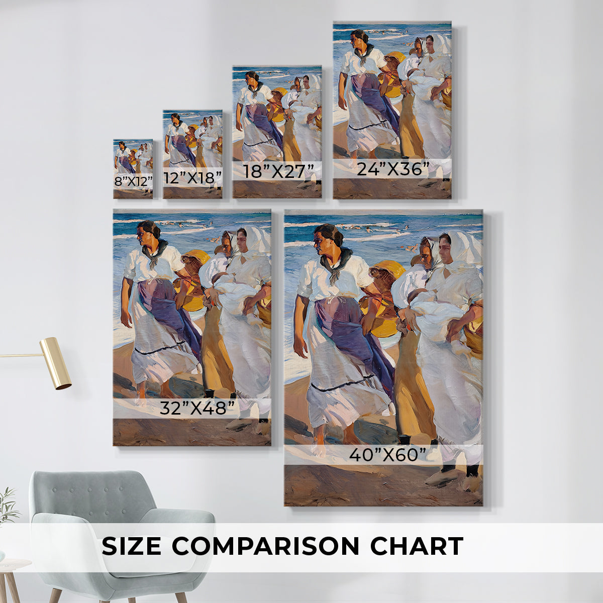 Size comparison chart for canvas art prints, showing multiple size options.
