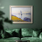 Impressionist coastal harbor at dusk by Paul Signac in an ornate champagne frame displayed in a dark-toned interior setting.
