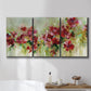 Three-panel canvas wall art featuring colorful floral garden composition, displayed in a bathroom above a bathtub.
