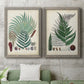 Set of two gray barnwood framed canvas prints depicting a coordinated art pair of vintage fern specimens with botanical details rendered as natural-history fern plates above a sofa in a modern living room.