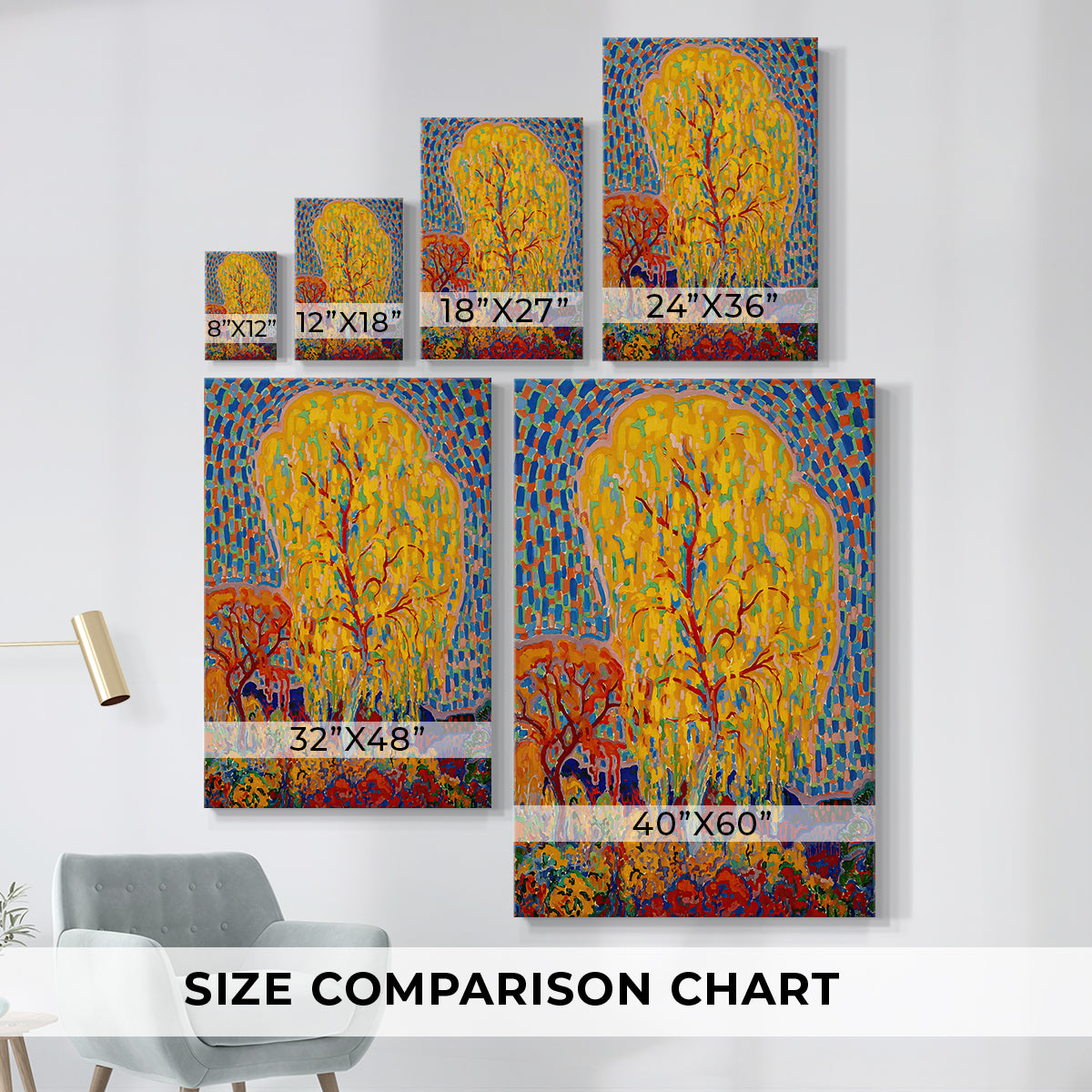Size comparison chart for canvas art prints, showing multiple size options.