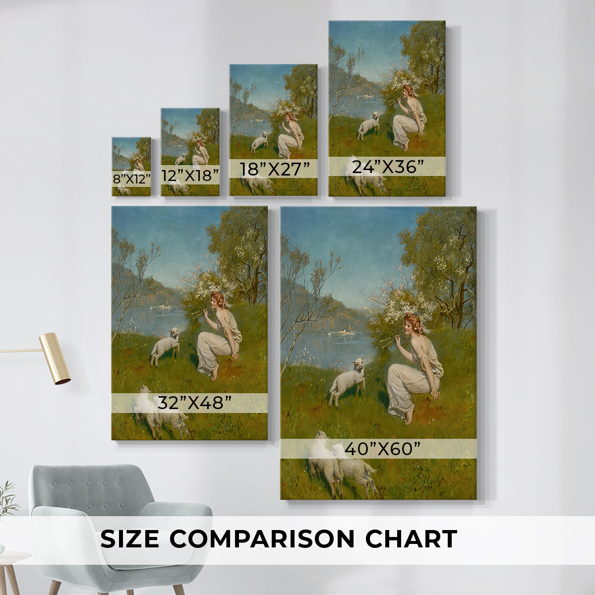 Size comparison chart for canvas art prints, showing multiple size options.