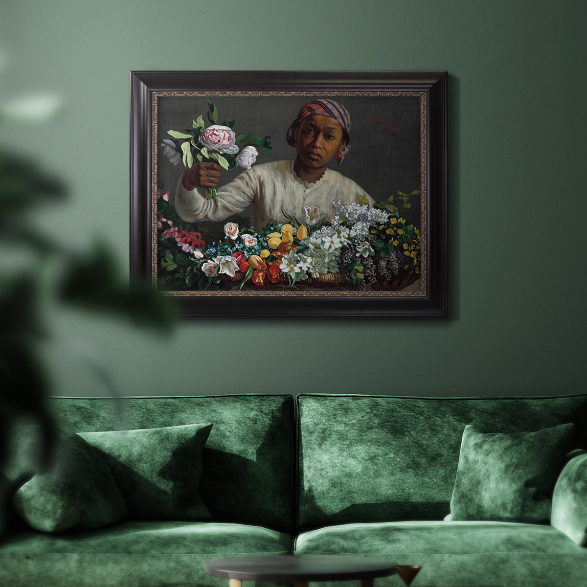 Traditional portrait of a woman holding peonies by Frédéric Bazille in an ornate black frame with gilded inner detail displayed in a dark-toned interior setting.