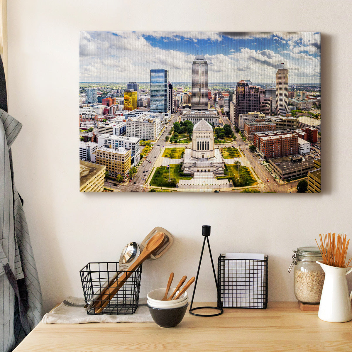 Sunny Indiana Statehouse and Indianapolis skyline Premium Gallery Wrapped Canvas - Ready to Hang