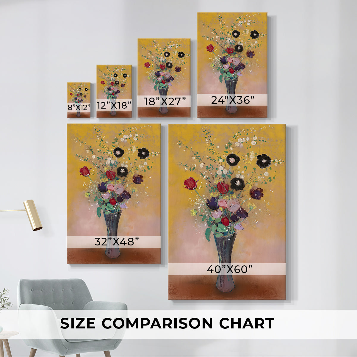 Size comparison chart for canvas art prints, showing multiple size options.