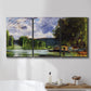 Three-panel canvas wall art featuring riverbank landscape near village, displayed in a bathroom above a bathtub.