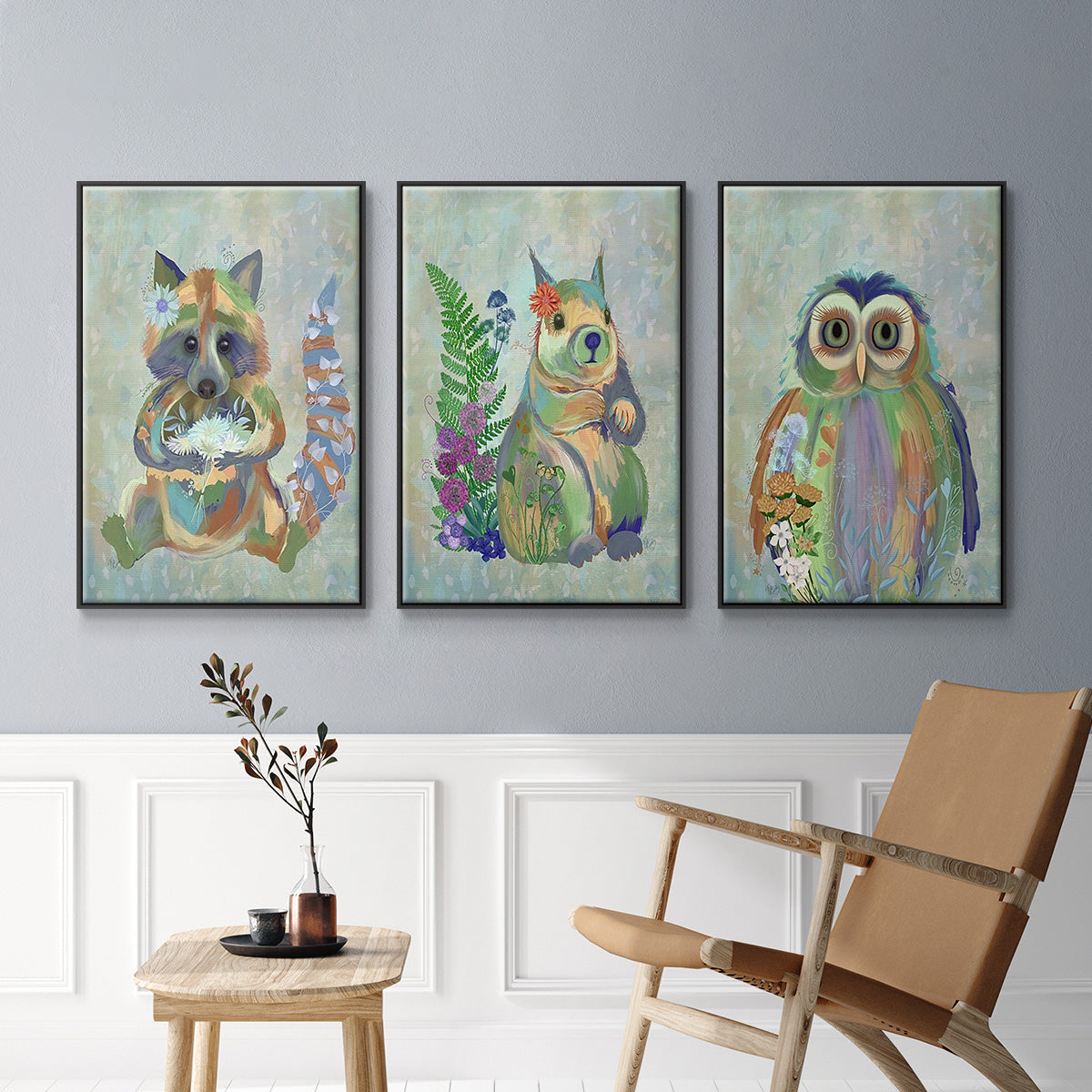 Fantastic Florals Owl - Framed Premium Gallery Wrapped Canvas L Frame 3 Piece Set - Ready to Hang