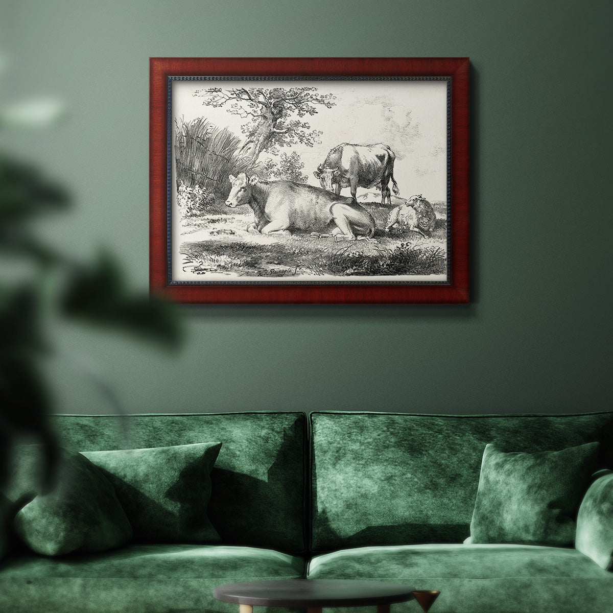 Classical pastoral landscape artwork by Nicolas Berchem in an ornate cherry burl wood frame displayed in a dark-toned interior setting.